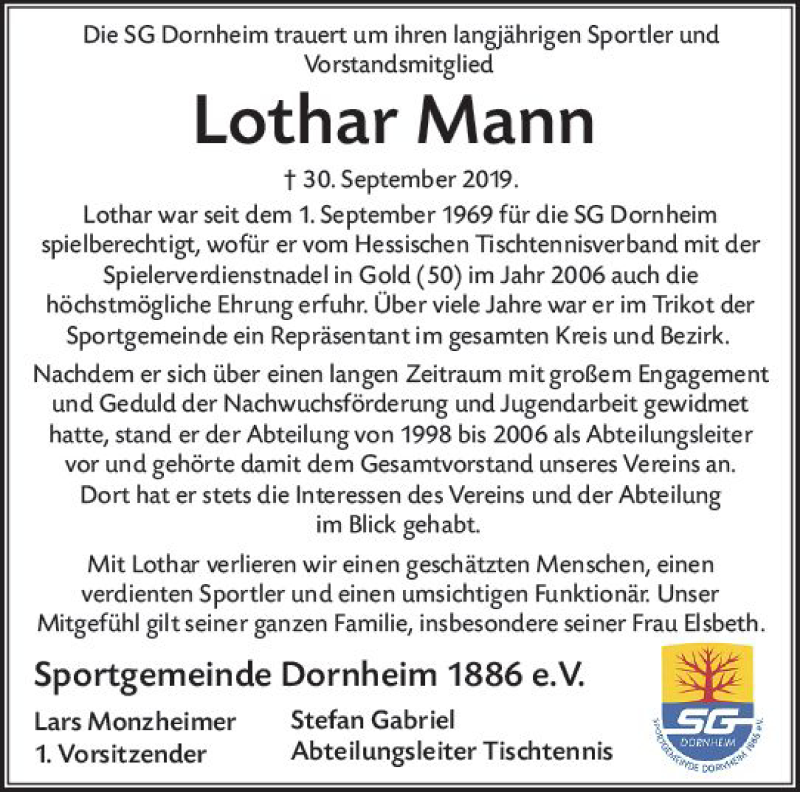  Traueranzeige für Lothar Mann vom 12.10.2019 aus vrm-trauer