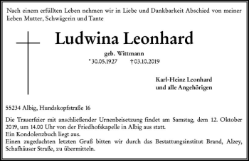 Traueranzeige von Ludwina Leonhard von vrm-trauer