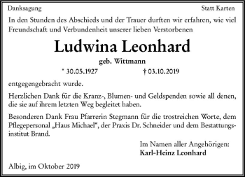 Traueranzeige von Ludwina Leonhard von vrm-trauer