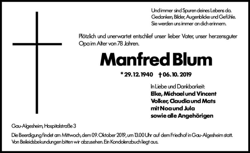  Traueranzeige für Manfred Blum vom 08.10.2019 aus vrm-trauer