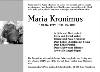 Traueranzeige von Maria Kronimus von vrm-trauer