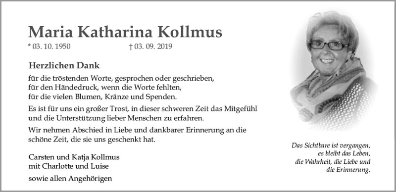  Traueranzeige für Maria Katharina Kollmus vom 12.10.2019 aus vrm-trauer