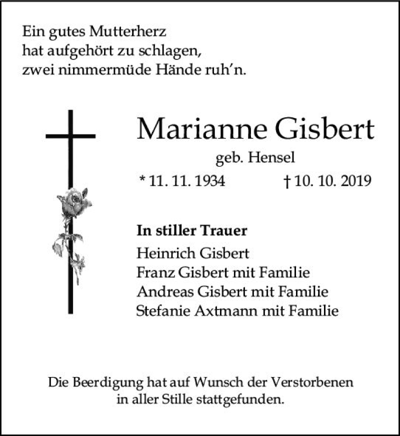  Traueranzeige für Marianne Gisbert vom 26.10.2019 aus vrm-trauer