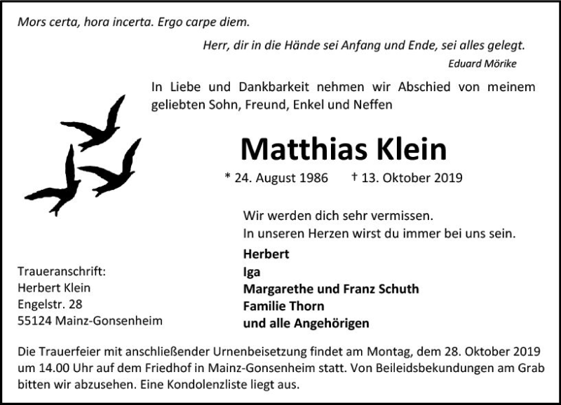  Traueranzeige für Matthias Klein vom 26.10.2019 aus vrm-trauer