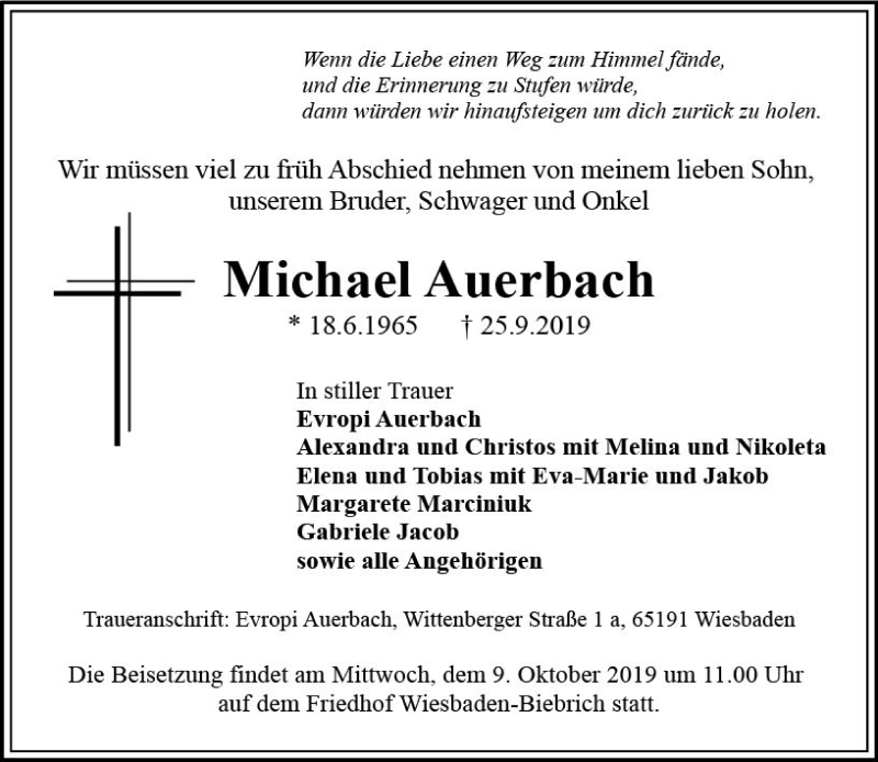  Traueranzeige für Michael Auerbach vom 05.10.2019 aus vrm-trauer