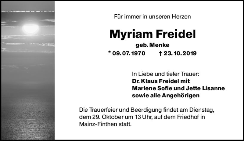  Traueranzeige für Myriam Freidel vom 26.10.2019 aus vrm-trauer