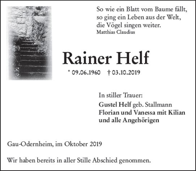  Traueranzeige für Rainer Helf vom 16.10.2019 aus vrm-trauer