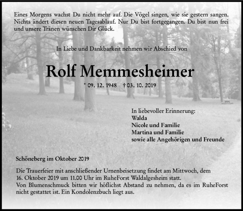  Traueranzeige für Rolf Memmesheimer vom 12.10.2019 aus vrm-trauer