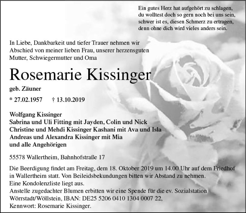  Traueranzeige für Rosemarie Kissinger vom 15.10.2019 aus vrm-trauer
