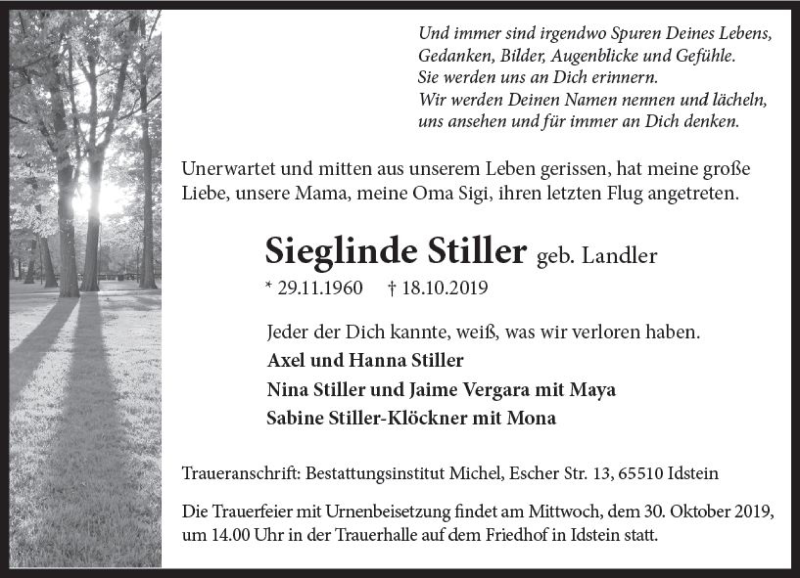  Traueranzeige für Sieglinde Stiller vom 26.10.2019 aus vrm-trauer