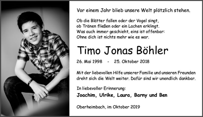  Traueranzeige für Timo Jonas Böhler vom 26.10.2019 aus vrm-trauer