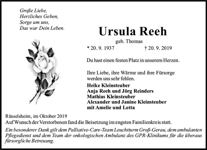  Traueranzeige für Ursula Reeh vom 05.10.2019 aus vrm-trauer