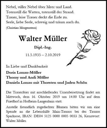 Traueranzeige von Walter Müller von vrm-trauer