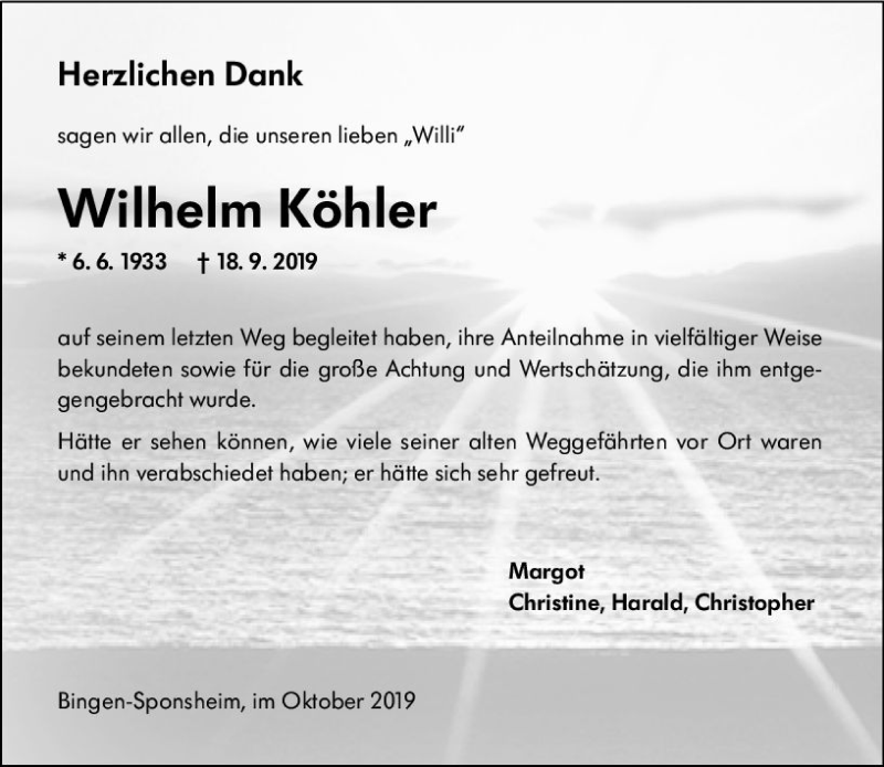  Traueranzeige für Wilhelm Köhler vom 08.10.2019 aus vrm-trauer