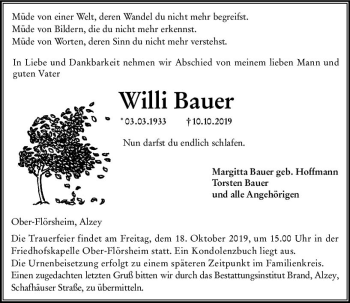 Traueranzeige von Willi Bauer von vrm-trauer