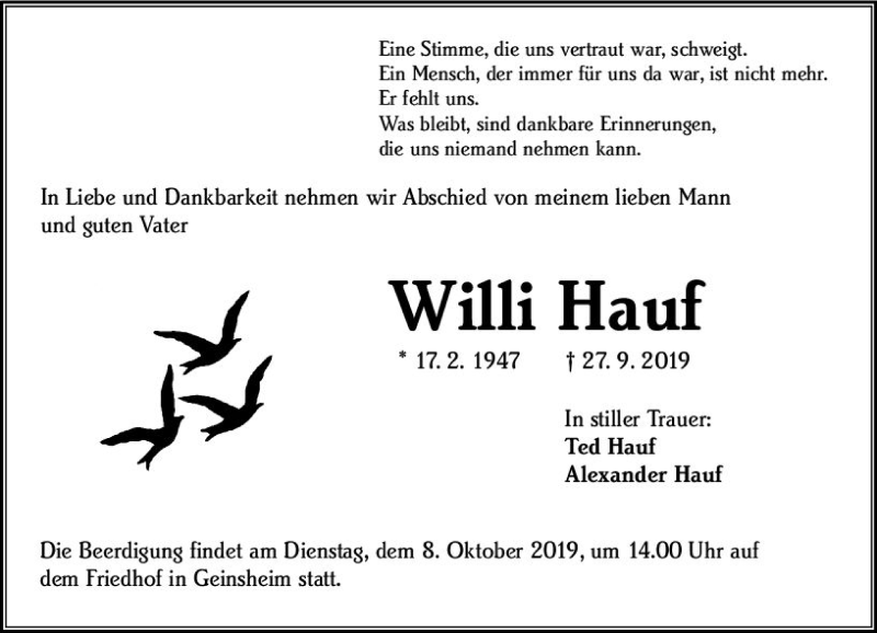  Traueranzeige für Willi Hauf vom 02.10.2019 aus vrm-trauer