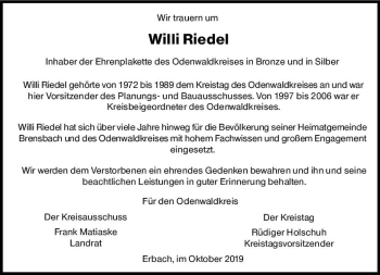 Traueranzeige von Willi Riedel von vrm-trauer
