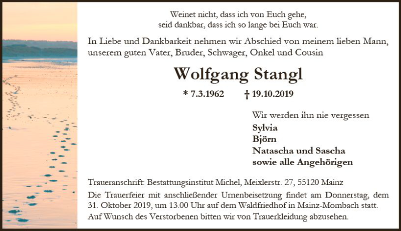  Traueranzeige für Wolfgang Stangl vom 26.10.2019 aus vrm-trauer