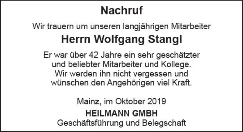  Traueranzeige für Wolfgang Stangl vom 26.10.2019 aus vrm-trauer