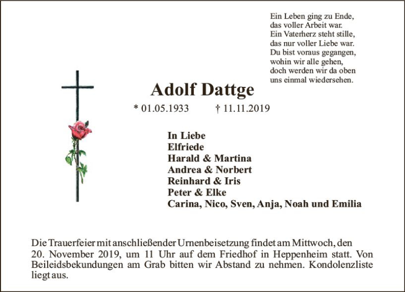  Traueranzeige für Adolf Dattge vom 19.11.2019 aus vrm-trauer