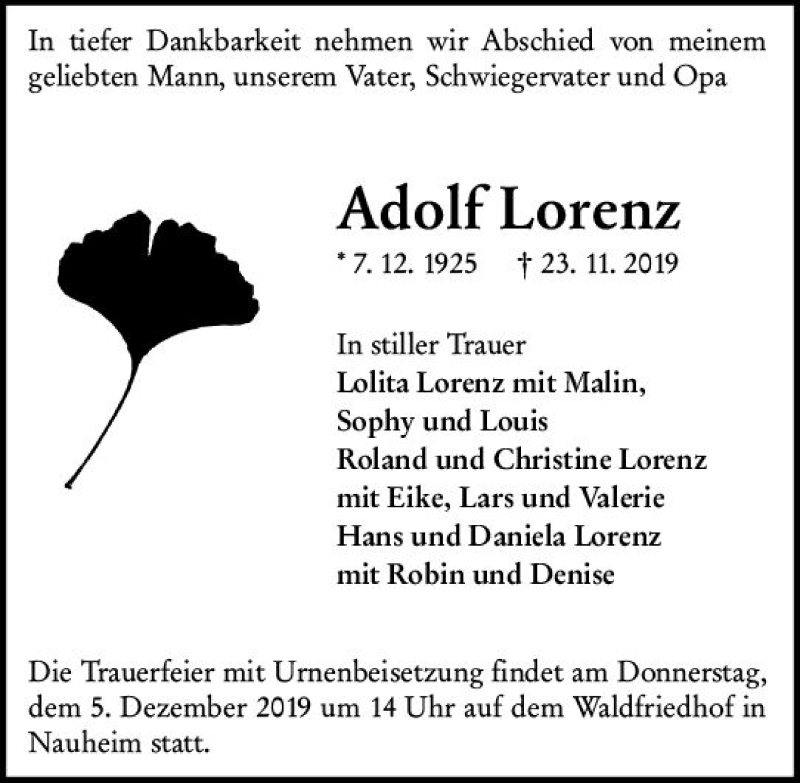  Traueranzeige für Adolf Lorenz vom 30.11.2019 aus vrm-trauer