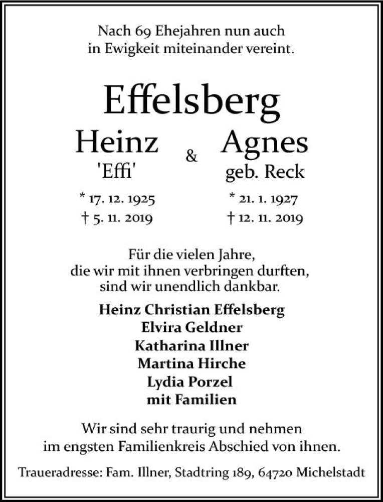  Traueranzeige für Agnes Effelsberg vom 16.11.2019 aus vrm-trauer