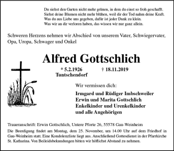 Traueranzeige von Alfred Gottschlich von vrm-trauer
