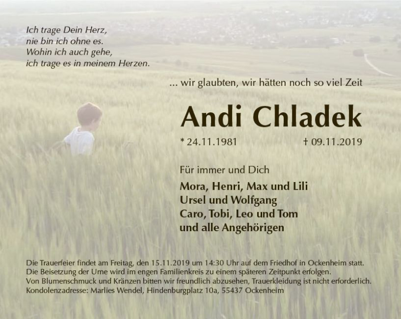  Traueranzeige für Andi Chladek vom 12.11.2019 aus vrm-trauer