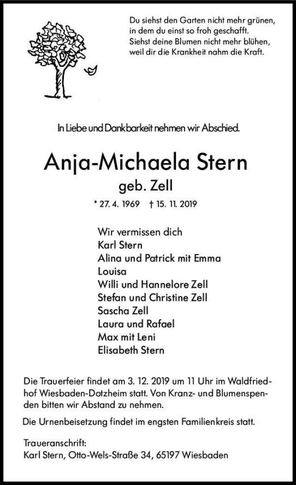  Traueranzeige für Anja-Michaela Stern vom 30.11.2019 aus vrm-trauer