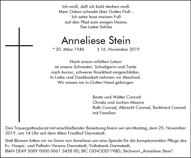 Traueranzeige für Anneliese Stein vom 20.11.2019 aus vrm-trauer