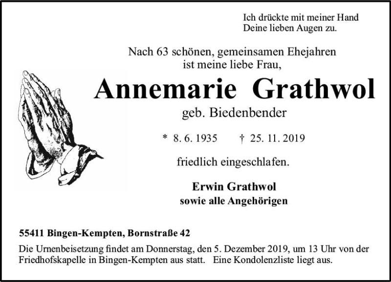  Traueranzeige für Annemarie Grathwol vom 30.11.2019 aus vrm-trauer