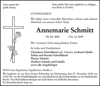 Traueranzeige von Annemarie Schmitt von vrm-trauer