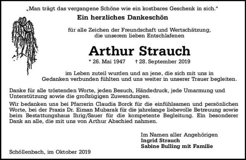  Traueranzeige für Arthur Strauch vom 02.11.2019 aus vrm-trauer