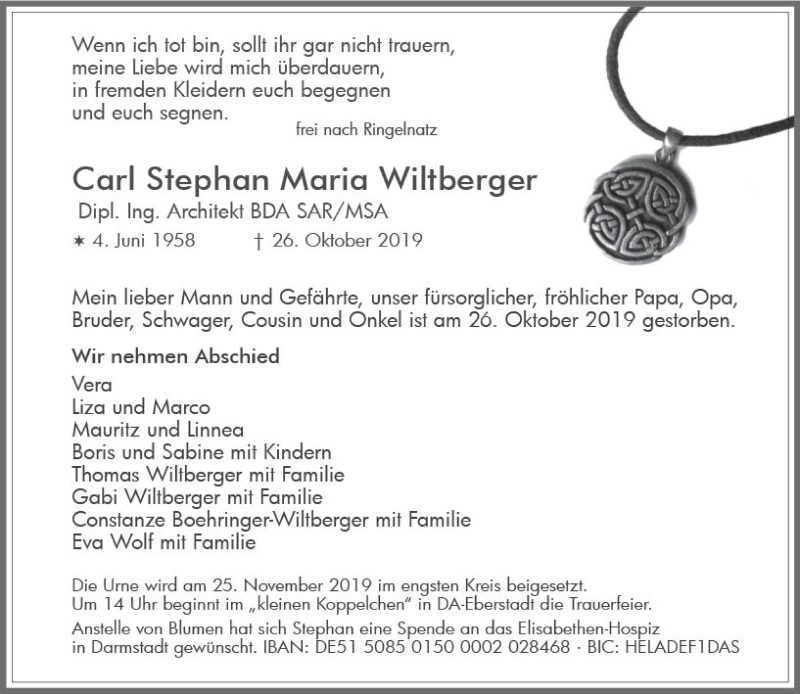  Traueranzeige für Carl Stephan Maria Wiltberger vom 02.11.2019 aus vrm-trauer