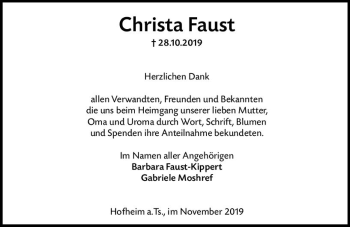 Traueranzeige von Christa Faust von vrm-trauer