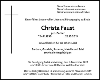 Traueranzeige von Christa Faust von vrm-trauer