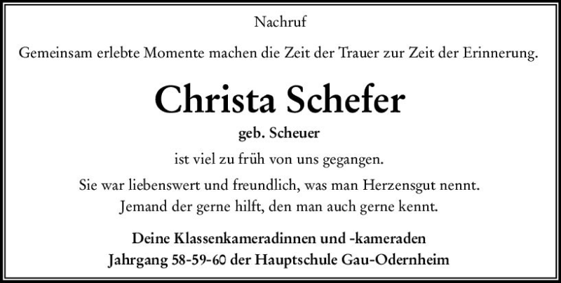  Traueranzeige für Christa Schefer vom 14.11.2019 aus vrm-trauer