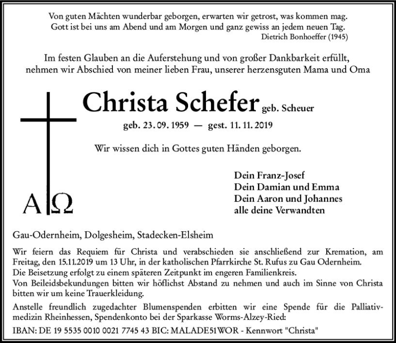  Traueranzeige für Christa Schefer vom 13.11.2019 aus vrm-trauer