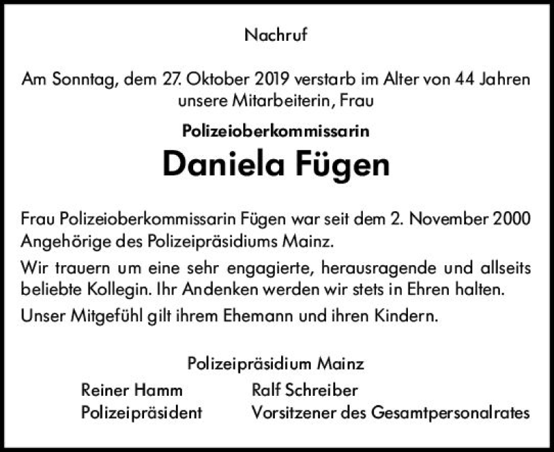  Traueranzeige für Daniela Fügen vom 06.11.2019 aus vrm-trauer
