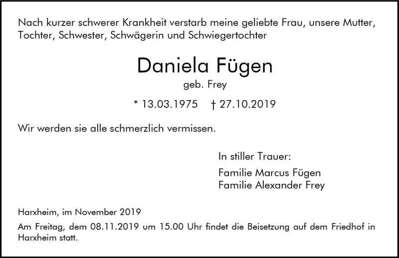  Traueranzeige für Daniela Fügen vom 02.11.2019 aus vrm-trauer