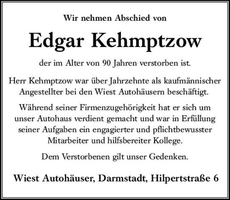  Traueranzeige für Edgar Kehmptzow vom 02.11.2019 aus vrm-trauer