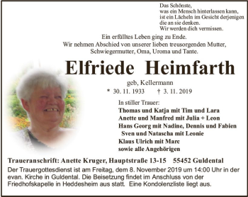 Traueranzeige von Elfriede Heimfarth von vrm-trauer