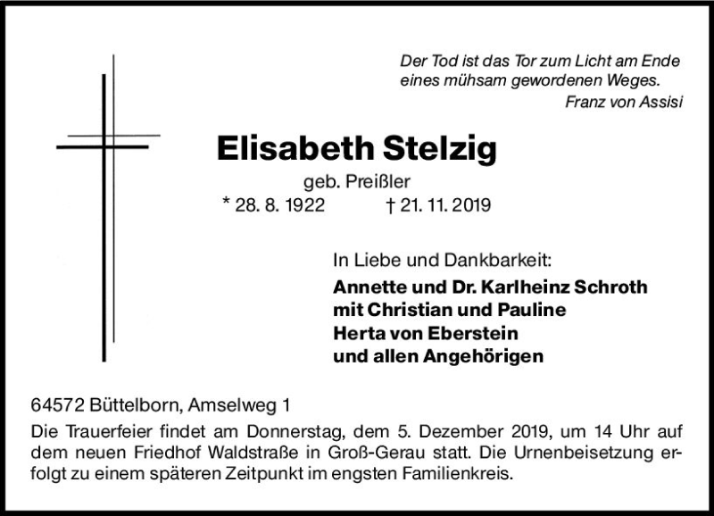  Traueranzeige für Elisabeth Stelzig vom 30.11.2019 aus vrm-trauer