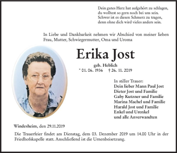 Traueranzeige von Erika Jost von vrm-trauer