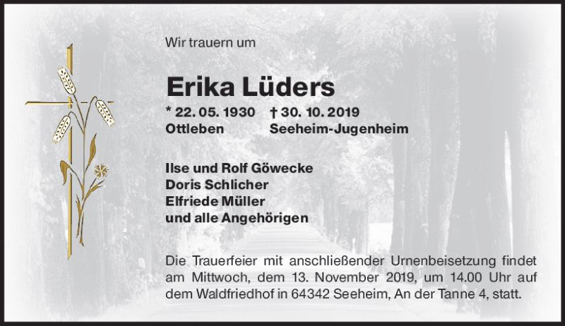  Traueranzeige für Erika Lüders vom 09.11.2019 aus vrm-trauer