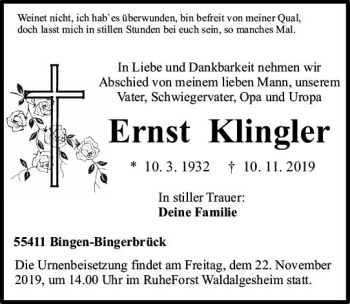 Traueranzeige von Ernst Klingler von vrm-trauer