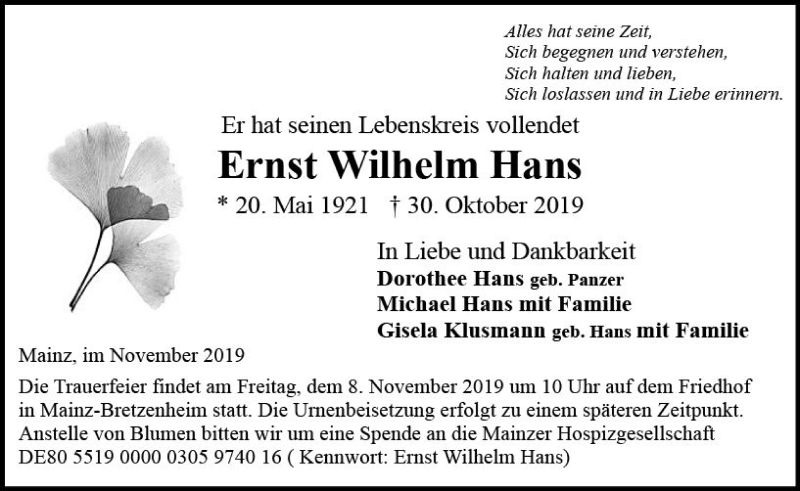  Traueranzeige für Ernst Wilhelm Hans vom 06.11.2019 aus vrm-trauer