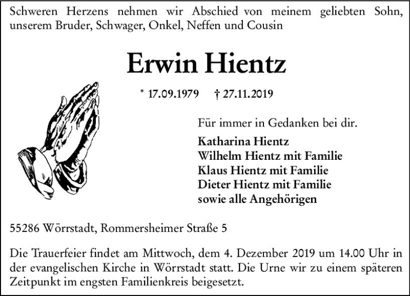  Traueranzeige für Erwin Hientz vom 30.11.2019 aus vrm-trauer