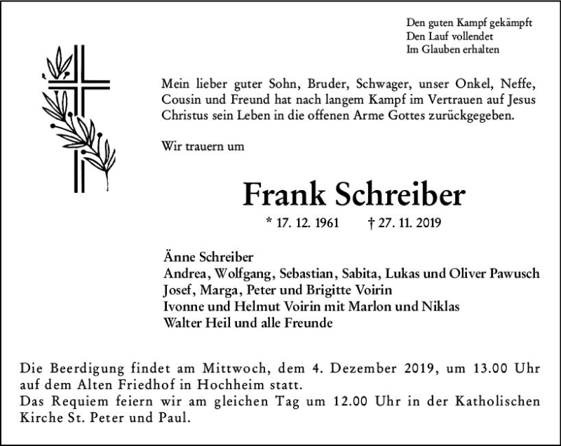 Traueranzeige für Frank Schreiber vom 29.11.2019 aus vrm-trauer