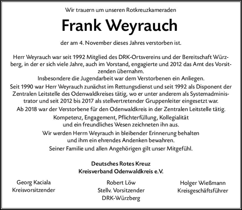  Traueranzeige für Frank Weyrauch vom 09.11.2019 aus vrm-trauer